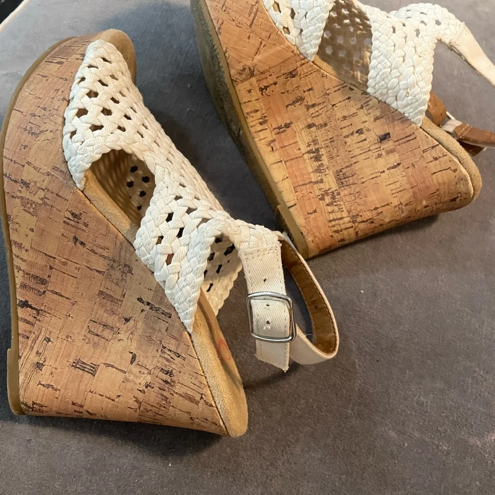 Woven White Cork Wedge Sandals - Women's